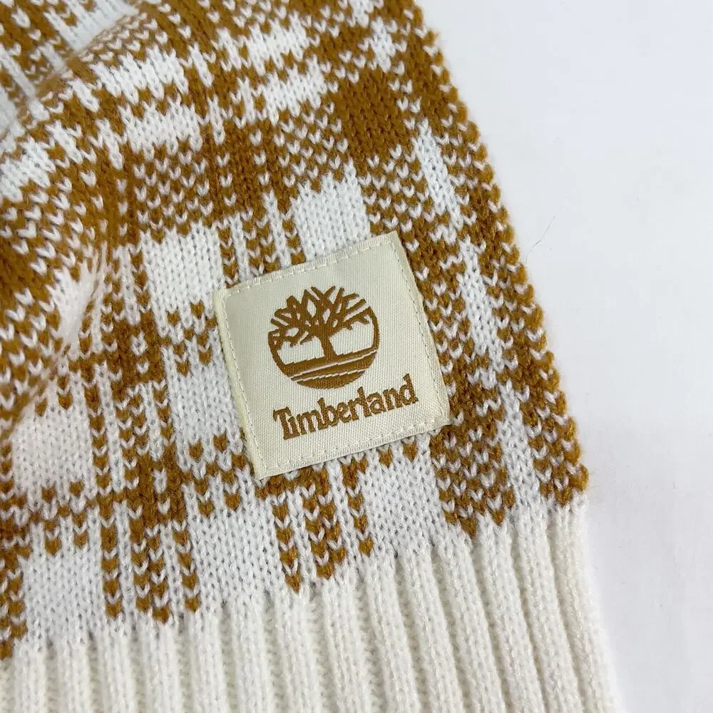 Timberland OS NEW Brown White Plaid Knit Long Scarf Outdoor Neck Warmer